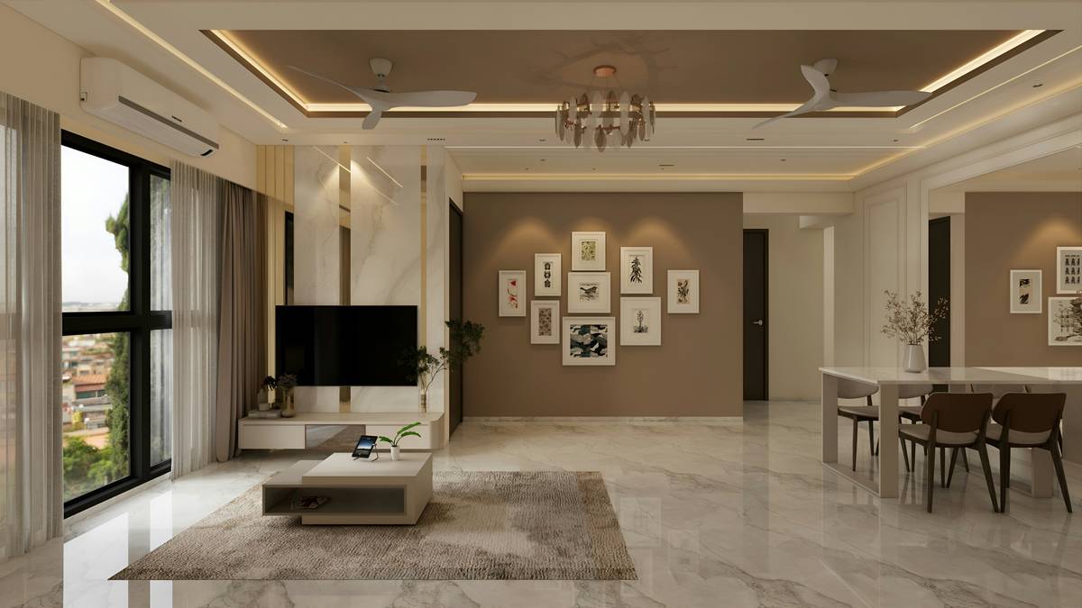 modern home vacation rentals featuring smart thermostat, voice assistant, and automated blinds in a stylish living room